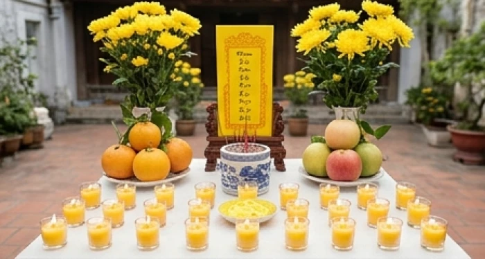 Mâm cúng giải sao Kế Đô được bày biện ngoài trời với hoa cúc vàng và 21 ngọn nến sáng