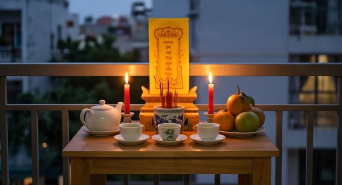 Bàn lễ cúng sao Kế Đô chuẩn bị trang nghiêm với bài vị giấy vàng cùng nến và hoa tươi đặt tại ban công hướng Tây