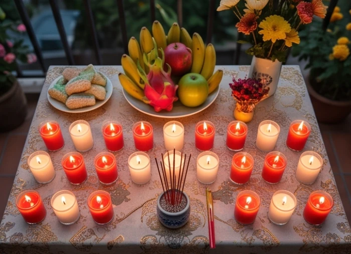 Mâm cúng giải hạn sao Kế Đô gồm 21 ngọn nến sáp và đĩa hoa quả tươi bày trang trọng trước sân