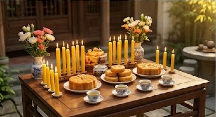 Bàn lễ cúng sao Kế Đô với 21 ngọn nến vàng và phẩm oản đặt theo hướng Tây cho nữ mạng tuổi Quý Mão vào chiều 18