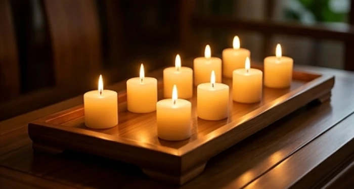 Mâm lễ cúng trang nghiêm với 9 ngọn nến xếp trang trọng quay về hướng chính Bắc giải hạn sao La Hầu