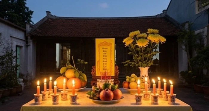Mâm cúng dâng sao giải hạn La Hầu với 9 ngọn nến vàng và bài vị đặt quay về hướng chính Bắc