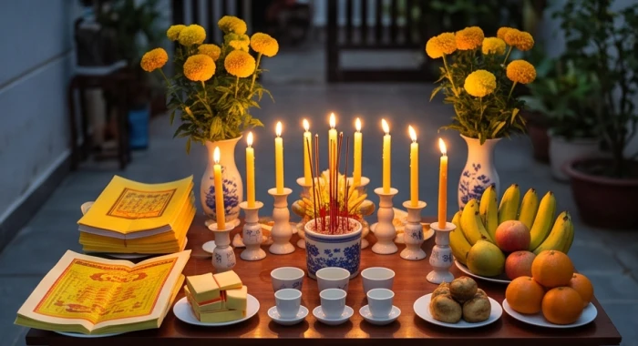 Mâm lễ cúng sao La Hầu với hoa tươi quả ngọt và chín ngọn nến được bài trí trang nghiêm trên bàn thờ nhỏ