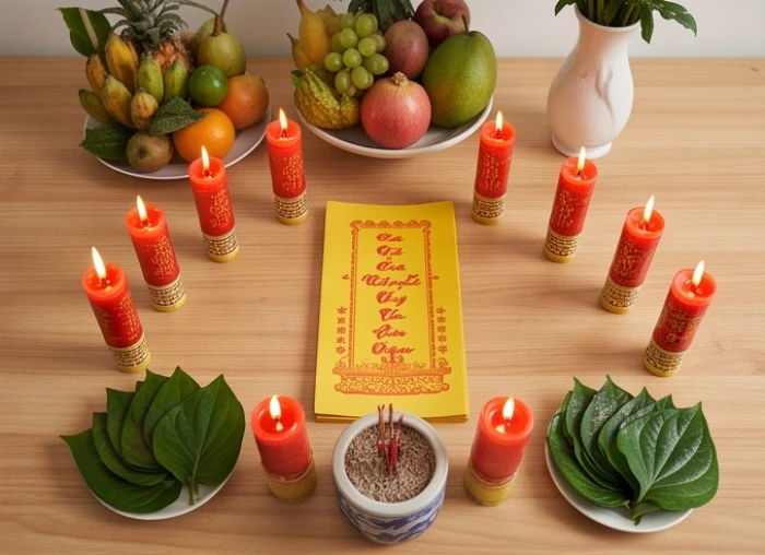 Mâm lễ cúng sao La Hầu gồm bài vị màu vàng, chín ngọn nến đỏ cùng đĩa ngũ quả tươi bày biện trang nghiêm