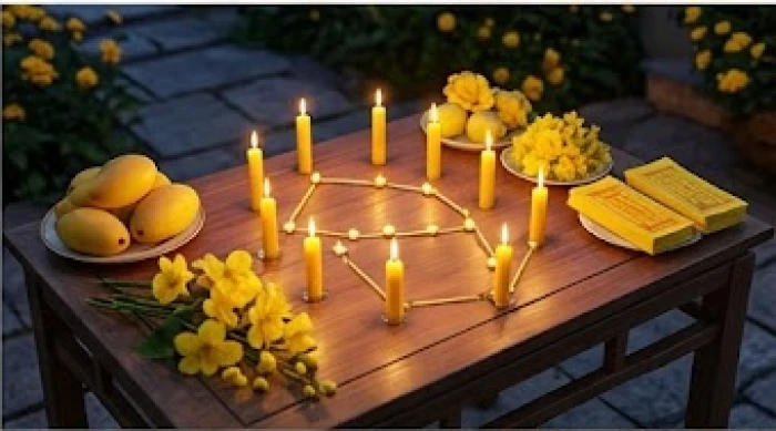 Mâm lễ cúng sao La Hầu cho nam mạng với 9 ngọn nến vàng và bài vị giấy vàng xếp đặt ngoài trời hướng chính Bắc