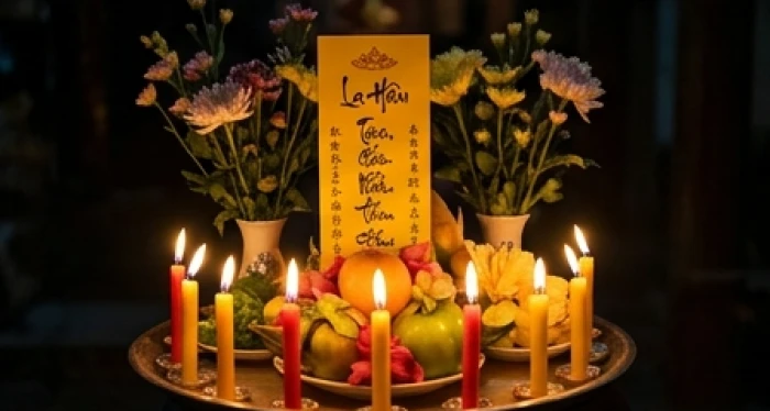 Bàn thờ cúng giải hạn sao La Hầu được thiết lập chuẩn xác với chín ngọn nến và bài vị màu vàng rực rỡ
