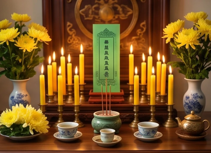 Mâm lễ cúng sao Mộc Đức với 20 ngọn nến và bài vị màu xanh lá bài trí chuẩn hướng Đông