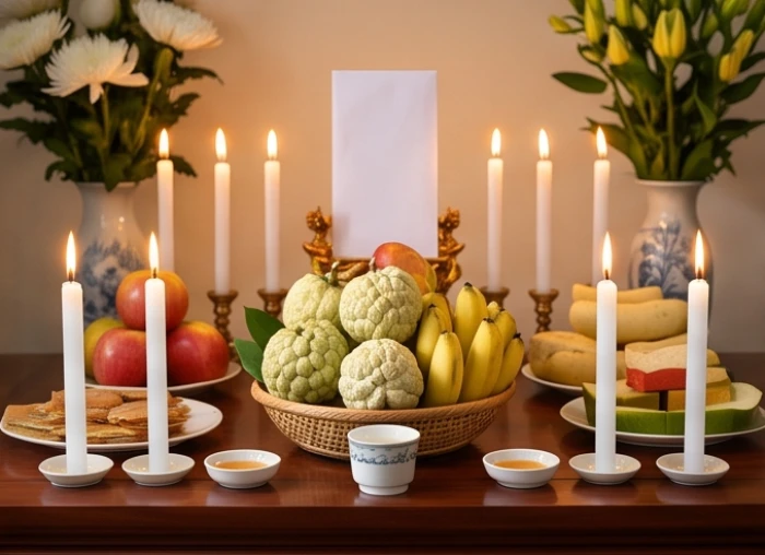 Mâm lễ cúng dâng sao Thái Bạch bài trí trang nghiêm với tông màu trắng chủ đạo