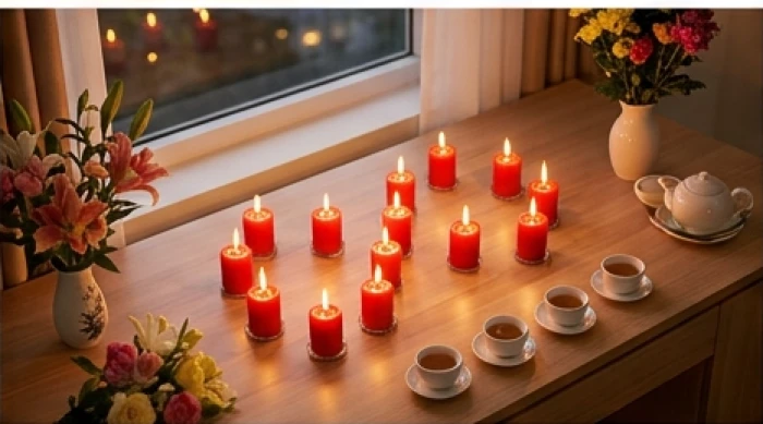 Tám ngọn đèn cầy đỏ được cắm theo sơ đồ hình chữ bát trên linh án cúng sao Thái Bạch hướng chính Tây