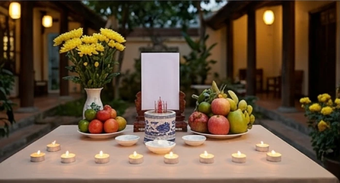 Mâm cúng sao Thái Bạch trang nghiêm với 8 ngọn nến, bài vị trắng và hoa quả tươi đặt hướng Tây