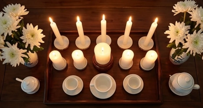 Mâm lễ cúng giải sao Thái Bạch với 8 ngọn nến xếp hình chữ Đinh cùng bài vị hoa quả màu trắng trang nghiêm