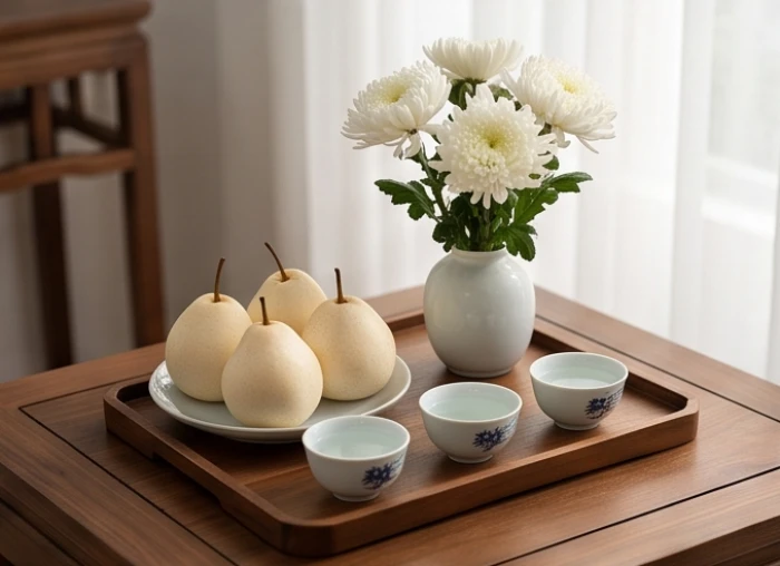 Mâm cúng giải hạn với quả lê tươi, hoa cúc trắng và những chén nước tinh khiết