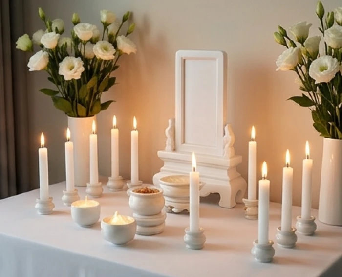 Mâm cúng sao Thái Bạch trang trọng với tám ngọn nến và bài vị màu trắng đặt hướng chính Tây