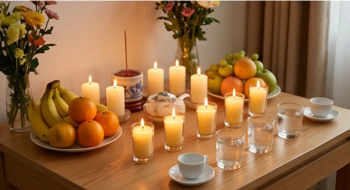 Mâm lễ cúng sao Thái Bạch gọn gàng với tám ngọn nến thắp sáng cùng hoa quả tươi được bày trang trọng tại phòng khách