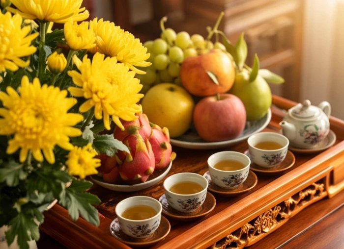 Trái cây ngũ sắc và hoa cúc vàng rực rỡ dâng lên mâm cúng sao Thái Dương hướng về phía Đông.