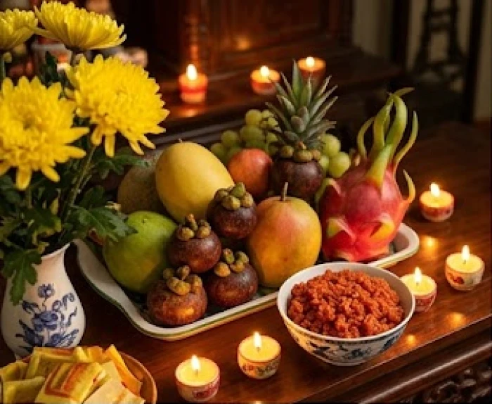 Mâm lễ cúng nghênh sao Thái Dương được bày trí thanh tịnh với ngũ quả, hoa cúc và xôi gấc đỏ