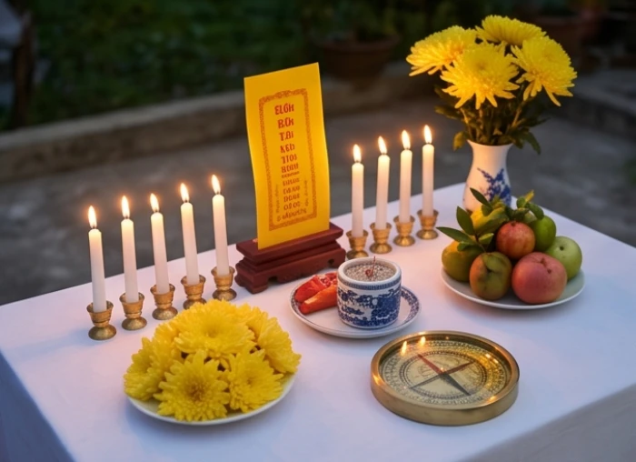 Mâm lễ cúng sao Thái Dương trang nghiêm với nến hoa quả cùng la bàn định hướng chính Đông