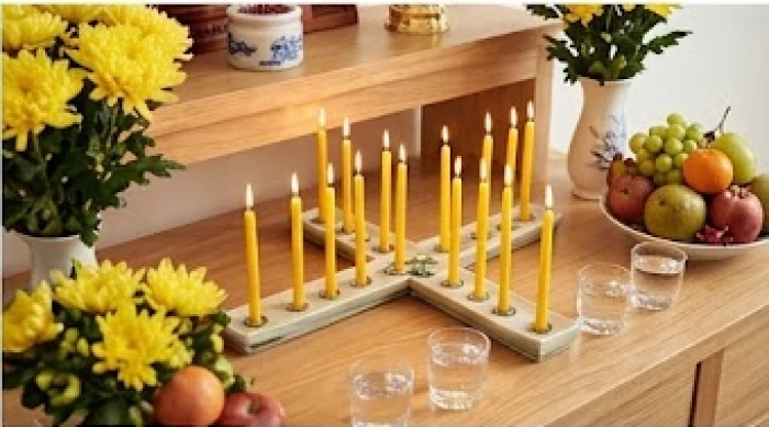 Mâm cúng giải sao Thái Dương với 12 ngọn nến vàng xếp hình chữ thập trang trọng trên bàn lễ hướng Đông