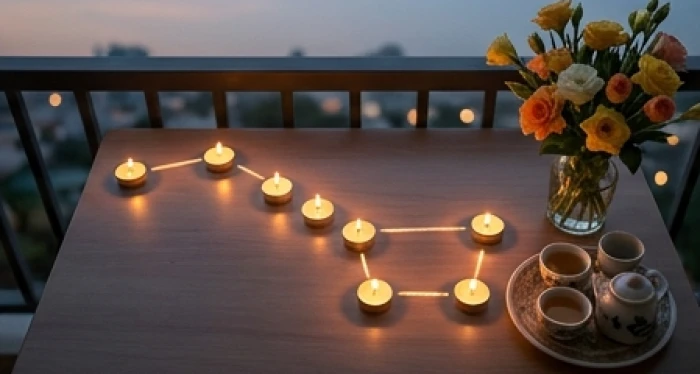 Mâm cúng giải hạn sao thủy diệu với 7 ngọn nến xếp hình chòm sao bắc đẩu đặt trên bàn ngoài hiên