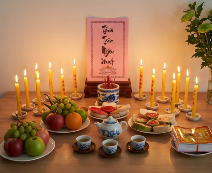 Mâm cúng sao Vân Hớn bày biện trang nghiêm với bài vị màu hồng, đĩa ngũ quả tươi và mười lăm ngọn nến