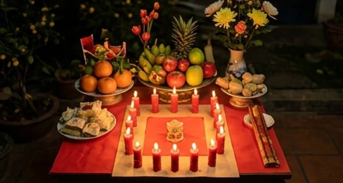 Mâm cúng sao Vân Hớn trang nghiêm với hoa quả tươi cùng 15 ngọn nến đỏ thắp sáng ngoài sân vào ban đêm