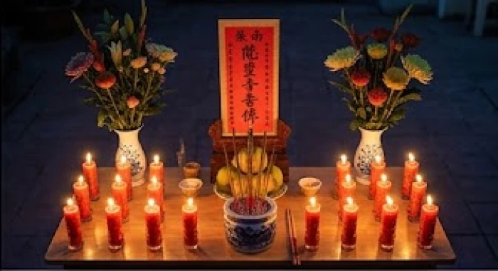 Mâm lễ cúng sao Vân Hớn gồm mười lăm ngọn nến và bài vị giấy đỏ được sắp đặt trang nghiêm quay về hướng Nam