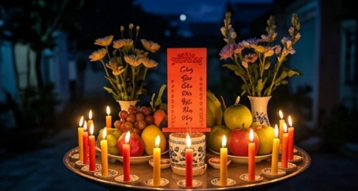 Mâm lễ cúng sao Vân Hớn với mười lăm ngọn nến sáng rực cùng bài vị màu đỏ được sắp xếp trang nghiêm