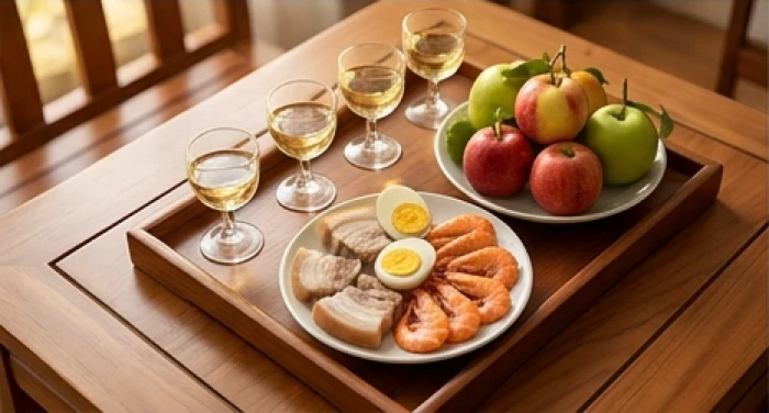 Mâm cúng giải hạn Tam Tai chuẩn bị đầy đủ bộ tam sên và hoa quả tươi tại nhà cho gia chủ tuổi Mậu Dần 1998
