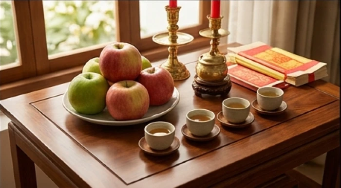 Mâm cúng chay thanh tịnh với ngũ quả, hương nến và bài vị chuẩn bị nghênh đón Thái Tuế tinh quân