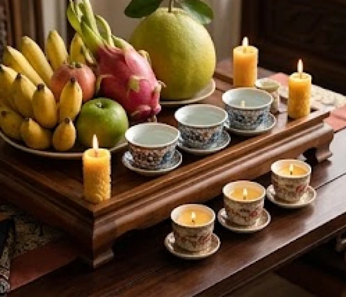 Mâm lễ cúng Thái Tuế đơn giản với ngũ quả tươi và hai ngọn nến sáng rực trên ban công chung cư
