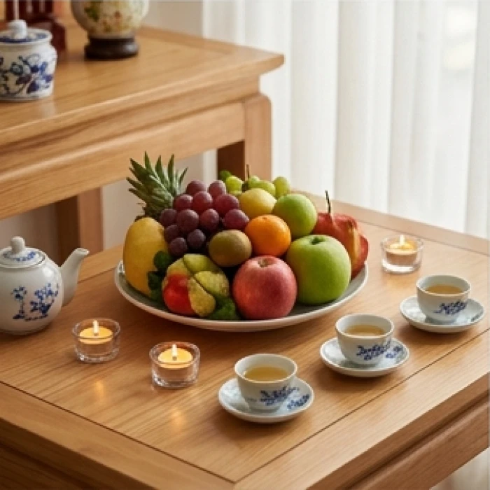 Mâm hoa quả ngũ sắc cùng nến và trà nước chuẩn bị cho nghi lễ cúng giải hạn sao