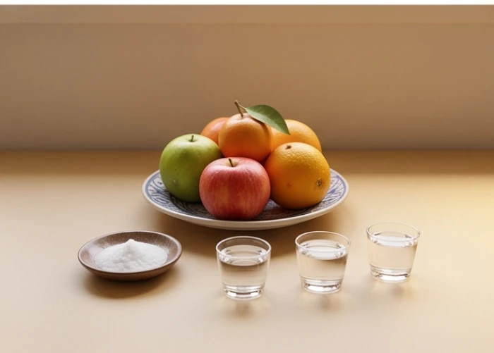 Mâm cúng nhỏ gồm đĩa trái cây tươi và ba chén nước lọc được bày biện tươm tất trên chiếc bàn cao
