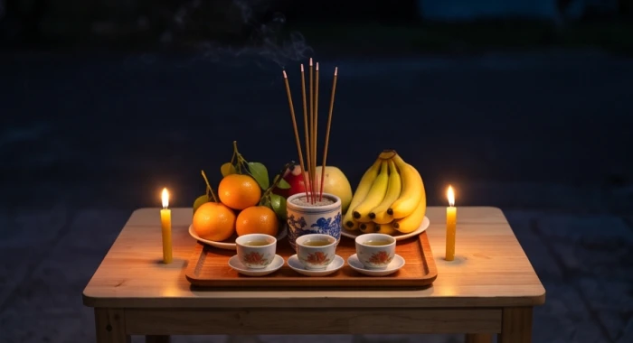 Mâm cúng giải hạn đơn giản gồm trái cây, trà, rượu được đặt trang nghiêm hướng Bắc