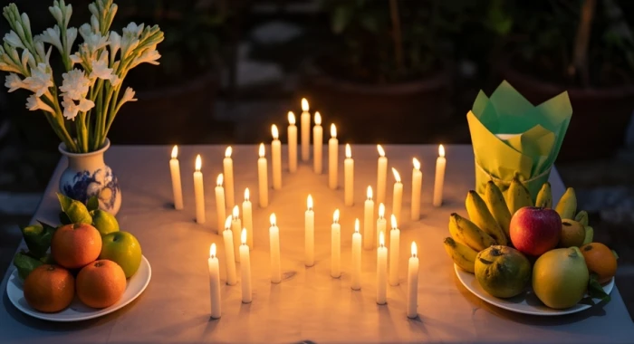 Mâm lễ cúng sao Mộc Đức ngoài trời với hai mươi ngọn nến lung linh và hoa huệ trắng