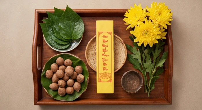 Mâm lễ vật cúng sao với đầy đủ trầu cau tươi hoa quả nến vàng và bài vị đặt trang nghiêm