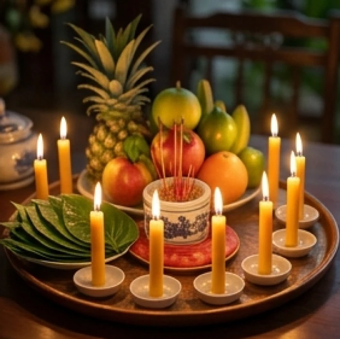 Mâm lễ vật tinh gọn với ngũ quả và tám ngọn nến được sắp xếp chỉnh chu để dâng sao Thái Bạch