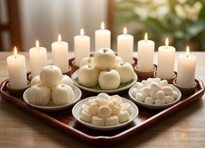Mâm lễ cúng sao Thái Bạch gồm các loại hoa quả màu trắng và 8 ngọn nến được thắp sáng