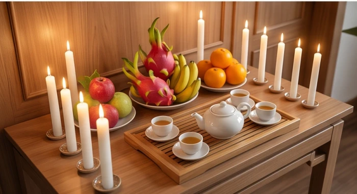 Mâm cúng giải hạn sao Thái Bạch với 8 ngọn nến trắng cùng ngũ quả trang nghiêm trang trọng