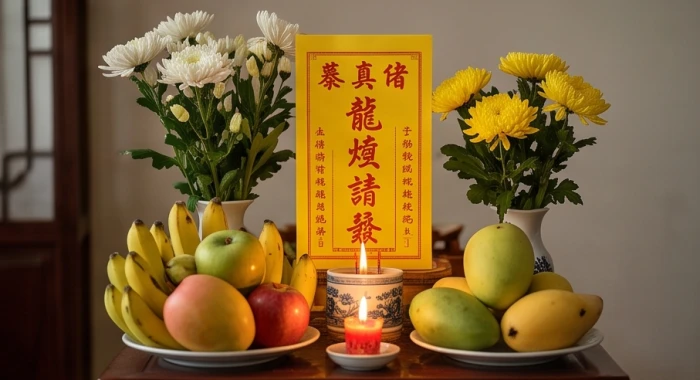 Mâm cúng sao Thổ Tú được bày biện trang nghiêm với các loại trái cây, bình hoa tươi và một tờ giấy bài vị màu vàng