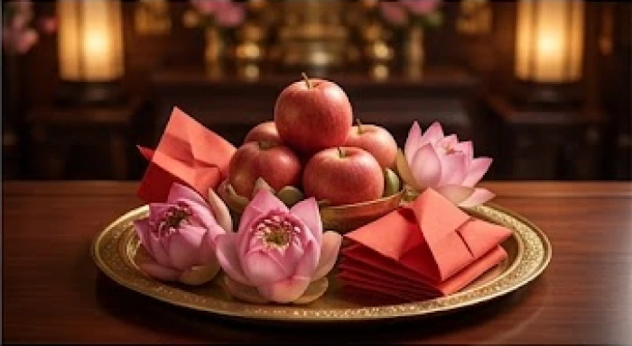 Mâm lễ vật với tông màu đỏ chủ đạo dùng để dâng cúng sao Vân Hớn cho nữ mạng