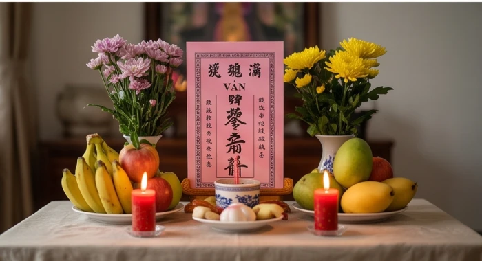 Bàn lễ cúng sao Vân Hớn được chuẩn bị đầy đủ hoa quả tươi, hương đèn nến và một tờ giấy bài vị màu hồng nhạt