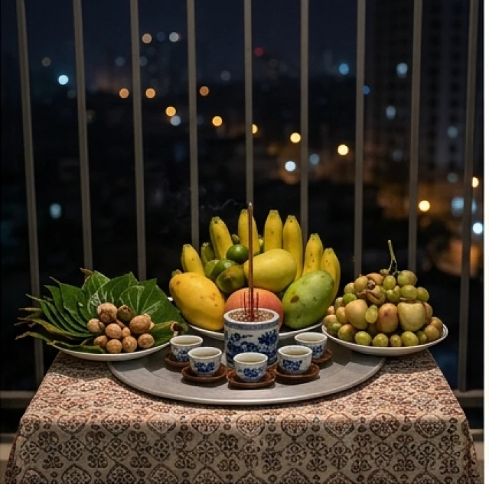 Mâm ngũ quả tươi ngon cùng trà nước được bày biện thành tâm trên chiếc bàn nhỏ đặt ngoài ban công hướng Bắc
