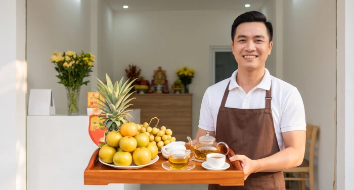 Mâm lễ tươi tắn với hoa quả sắc vàng được bày biện trang trọng tại cửa hàng trong ngày khai trương đón lộc đầu xuân