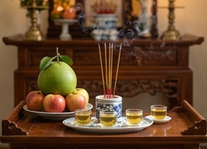 Mâm cúng dâng sao Mộc Đức chay tịnh với đĩa ngũ quả màu xanh và ba chén nước trà thanh khiết đặt trên bàn