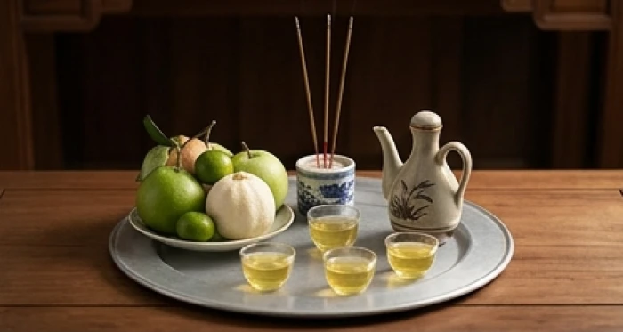Mâm hoa quả tươi màu xanh và trắng đặt cạnh trà rượu trên chiếc bàn gỗ để chuẩn bị cho nghi thức cúng sao Thái Bạch