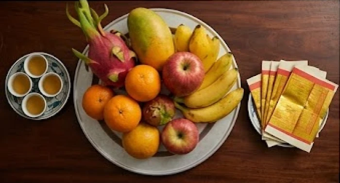 Mâm ngũ quả tươi sáng đặt cạnh ba chung trà và bộ giấy tiền thể hiện lòng thành kính của gia chủ khi hành lễ