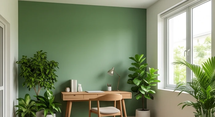 Mảng tường xanh lá cây trong phòng làm việc giúp nuôi dưỡng năng lượng bản mệnh tuổi Đinh Dậu 1957