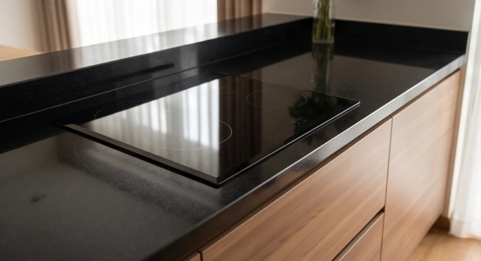 Mặt bàn bếp bằng đá tự nhiên màu đen bóng bẩy giúp cân bằng hỏa khí cho người mệnh Hỏa