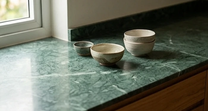 Bề mặt bàn bếp được ốp đá cẩm thạch màu xanh lục dịu mắt thay vì dùng inox khối