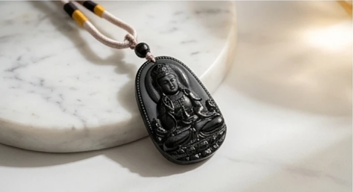 Mặt dây chuyền chạm khắc hình phật phổ hiền bồ tát bằng đá tự nhiên tinh xảo đặt trên phiến đá cẩm thạch sáng bóng